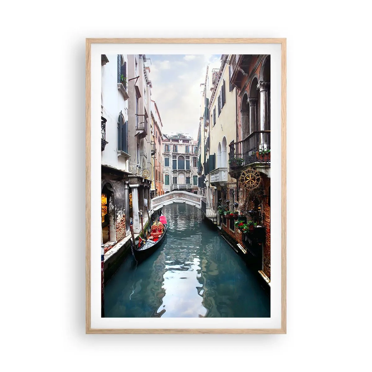 Plagát v ráme zo svetlého duba - Benátska krajina s gondolou a mostíkom - 61x91 cm
