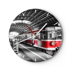 Nástenné hodiny - Červený vlak na stanici v industriálnom štýle - 30x30cm - Možno je to životná cesta? - Moderná nástenná dekorácia do obývacej izby, kuchyne a spálne ARTTOR