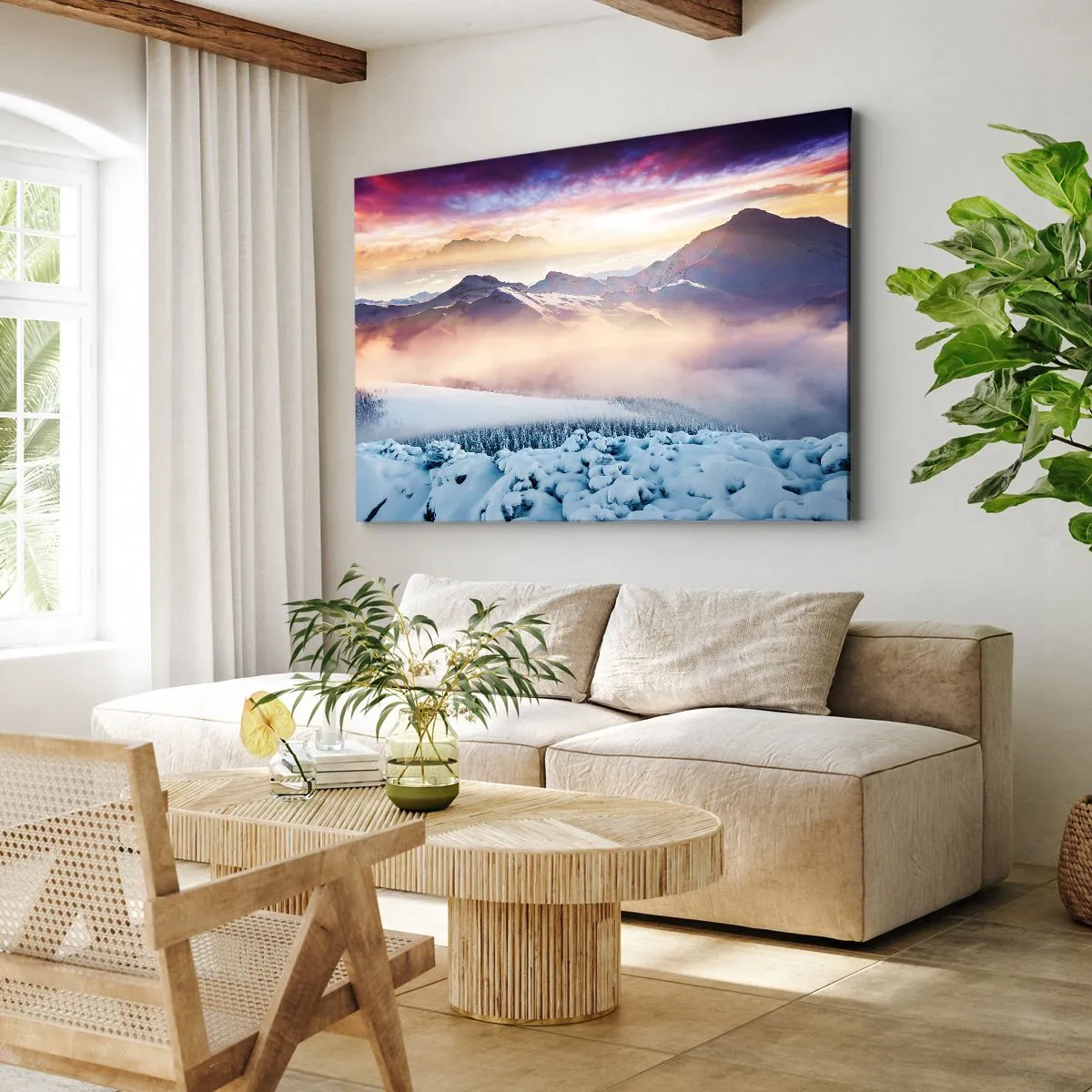 Obraz na plátne - Zasnežené hory za úsvitu s farebnou oblohou - 70x50cm - Sila a čistota prírody - Moderná nástenná dekorácia do obývacej izby a spálne ARTTOR