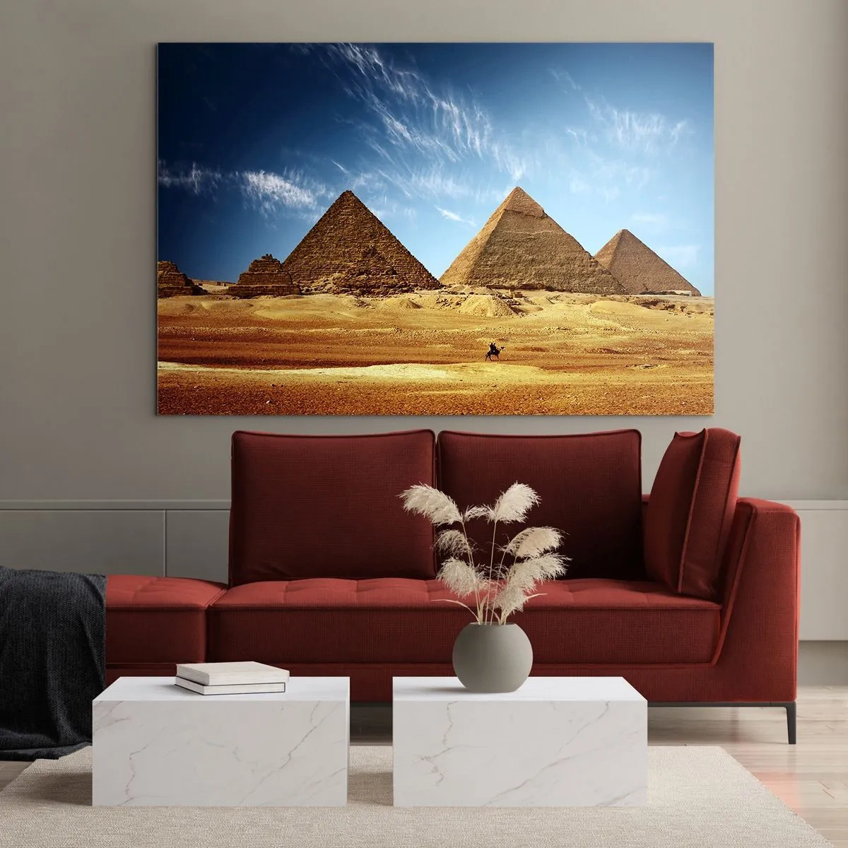 Obraz na skle - Pyramídy v Gíze proti modrej oblohe - 70x50cm - 40 storočí sa na vás pozerá - Moderná nástenná dekorácia do obývacej izby a spálne ARTTOR