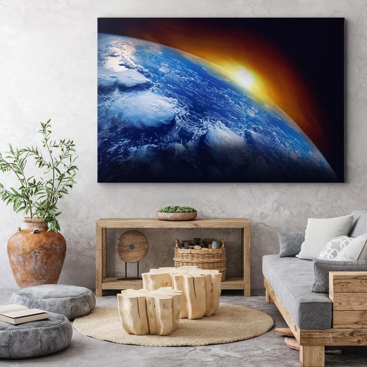 Obraz na plátne - Pohľad na Zem z vesmíru pri západe slnka - 70x50cm - Východ slnka nad modrou planétou - Moderná nástenná dekorácia do obývacej izby a spálne ARTTOR