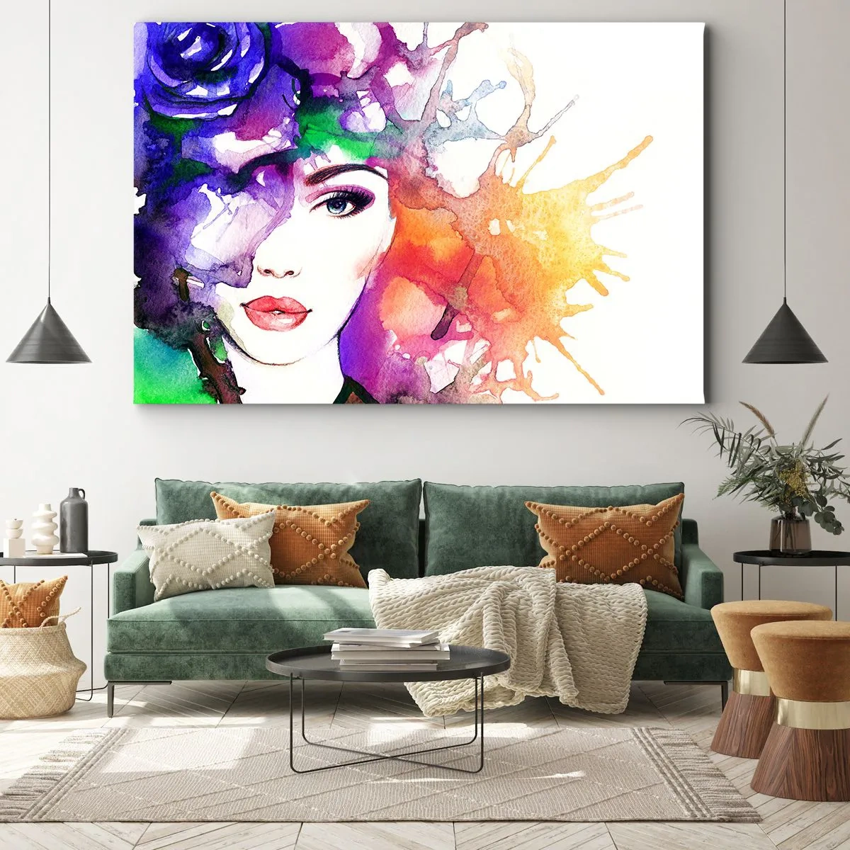 Obraz na plátne - Portrét ženy v akvarelových farbách s abstraktnými škvrnami - 70x50cm - S hlavou v oblakoch - Moderná nástenná dekorácia do obývacej izby a spálne ARTTOR