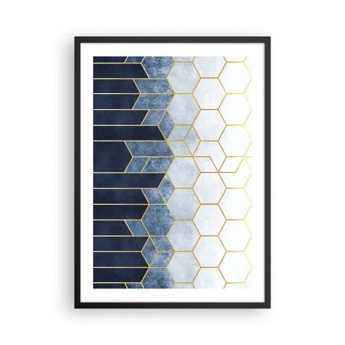 Plagát v čiernom ráme - Geometrická kompozícia v odtieňoch tmavomodrej a zlatej so šesťuholníkmi - 50x70cm - Kompozícia v synkopickom rytme - Moderná nástenná dekorácia do obývacej izby a spálne ARTTOR