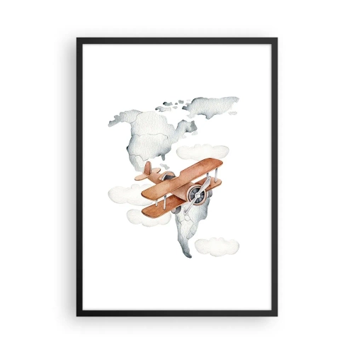 Plagát v čiernom ráme - Dvojplošník nad mapou sveta v oblakoch - 50x70cm - V priekopníckom duchu - Moderná nástenná dekorácia do obývacej izby a spálne ARTTOR