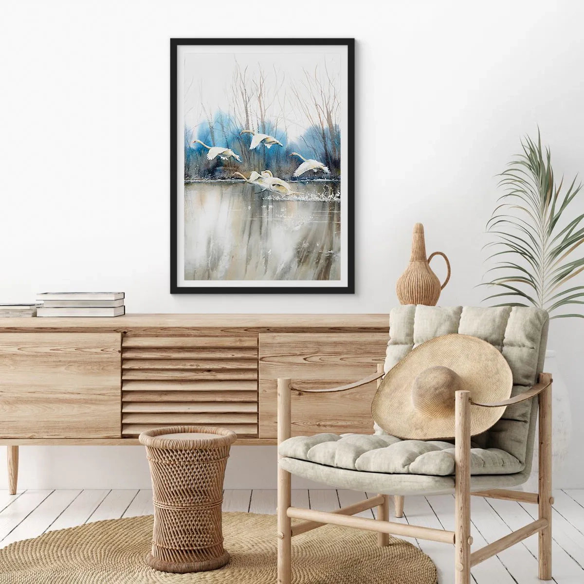 Plagát v čiernom ráme - Kŕdeľ labutí plávajúcich nad vodou v maliarskom štýle - 50x70cm - Ako v poviedke o divokých labutiach - Moderná nástenná dekorácia do obývacej izby a spálne ARTTOR