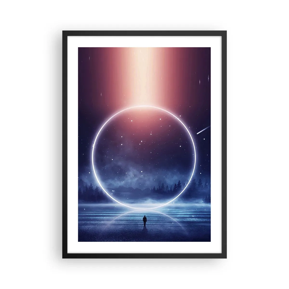 Plagát v čiernom ráme - Silueta osoby v kruhu svetla na pozadí hviezd - 50x70cm - Už sú tu... - Moderná nástenná dekorácia do obývacej izby a spálne ARTTOR