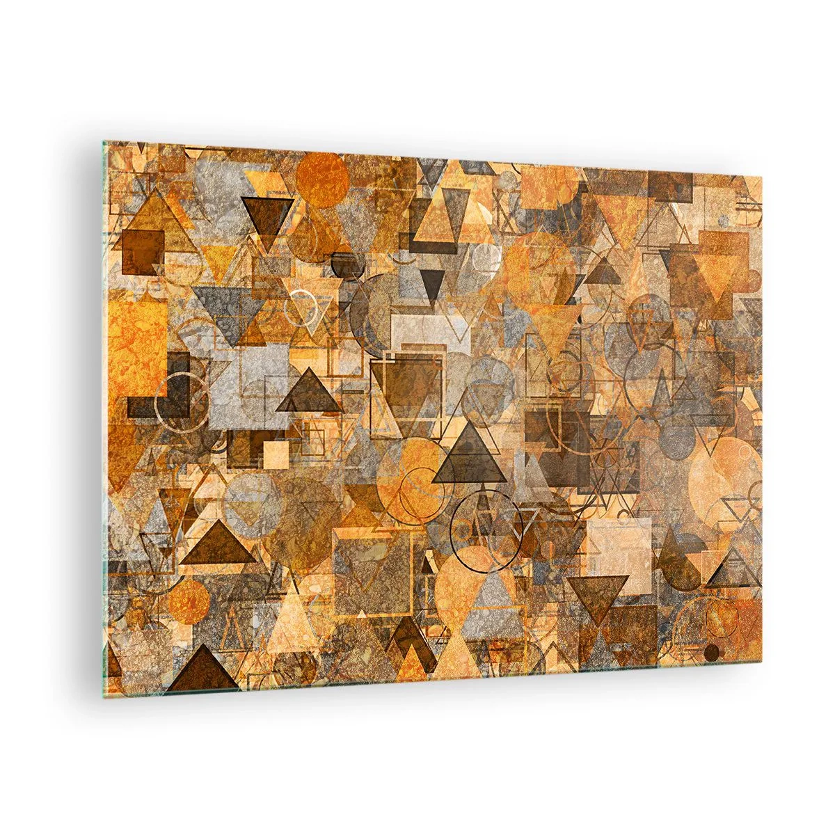 Obraz na skle - Abstraktná geometrická kompozícia v teplých tónoch - 70x50cm - Svet zachytený do tvaru - Moderná nástenná dekorácia do obývacej izby a spálne ARTTOR