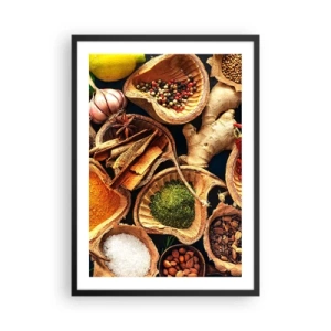 Plagát v čiernom ráme - Detailný záber na korenie v prírodných nádobách - 50x70cm - Vezmi si, čo chceš - Moderná nástenná dekorácia do obývacej izby a spálne ARTTOR