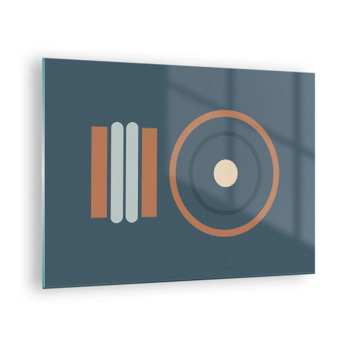 Obraz na skle - Abstraktné geometrické tvary v tlmených farbách s kruhmi a čiarami - 70x50cm - Podstata vecí - Moderná nástenná dekorácia do obývacej izby a spálne ARTTOR