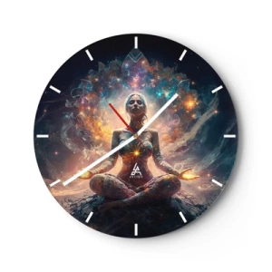 Nástenné hodiny - Žena v meditácii obklopená energiou vo farbách galaxie. - 30x30cm - Prúdenie dobrej energie - Moderná nástenná dekorácia do obývacej izby, kuchyne a spálne ARTTOR