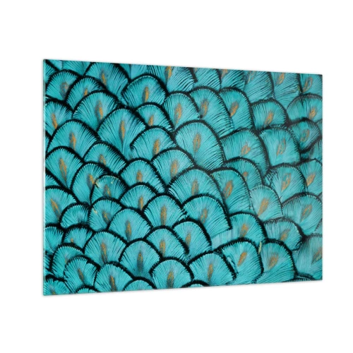Obraz na skle - Detailný záber na tyrkysové pávie perie tvoriace dekoratívny vzor. - 70x50cm - Veľká slávnosť peria - Moderná nástenná dekorácia do obývacej izby a spálne ARTTOR