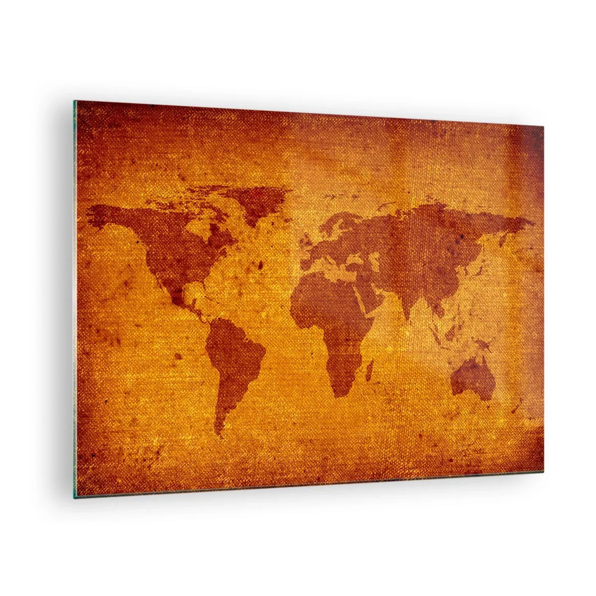 Obraz na skle - Mapa sveta v teplých, sépiových farbách - 70x50cm - Pozvánka na cestovanie - Moderná nástenná dekorácia do obývacej izby a spálne ARTTOR