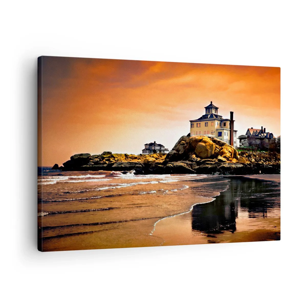 Obraz na plátne - Dom na skale pri pláži pri západe slnka s odrazom vo vode - 70x50cm - Elegancia západného pobrežia - Moderná nástenná dekorácia do obývacej izby a spálne ARTTOR