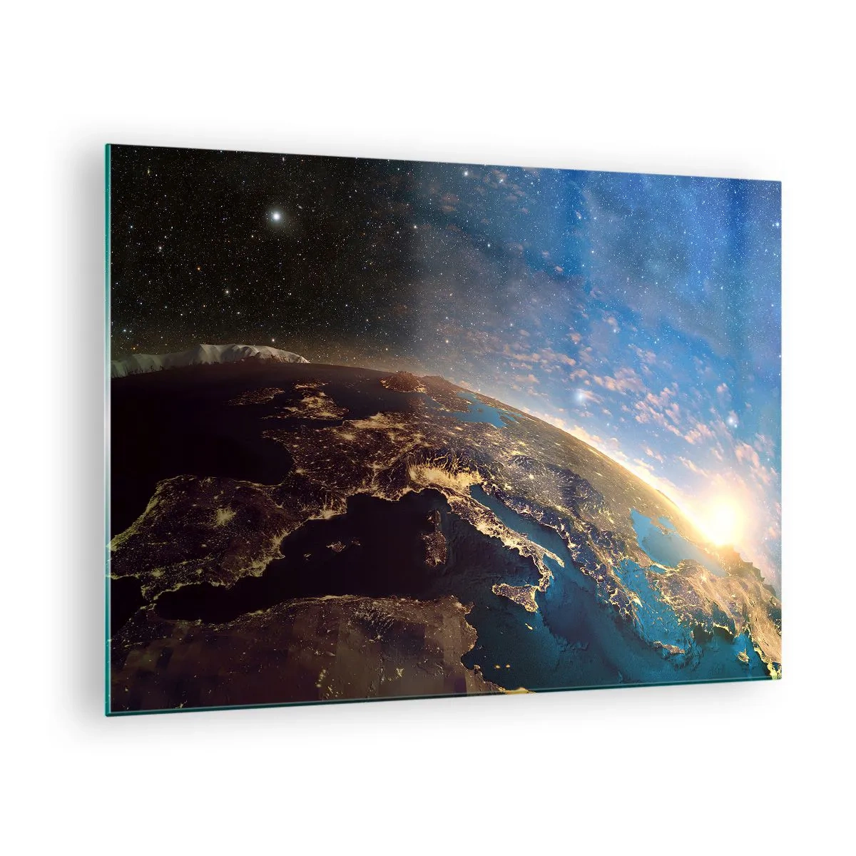Obraz na skle - Pohľad na Zem z vesmíru s viditeľným východom slnka - 70x50cm - Pozrime sa na seba s odstupom - Moderná nástenná dekorácia do obývacej izby a spálne ARTTOR