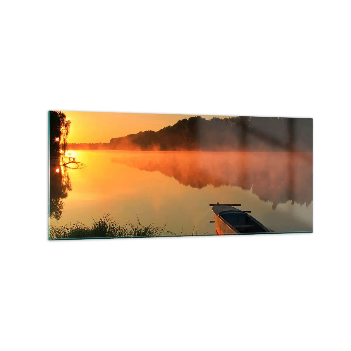 Obraz na skle - Východ slnka pri vode ako povrch zrkadla - 120x50 cm