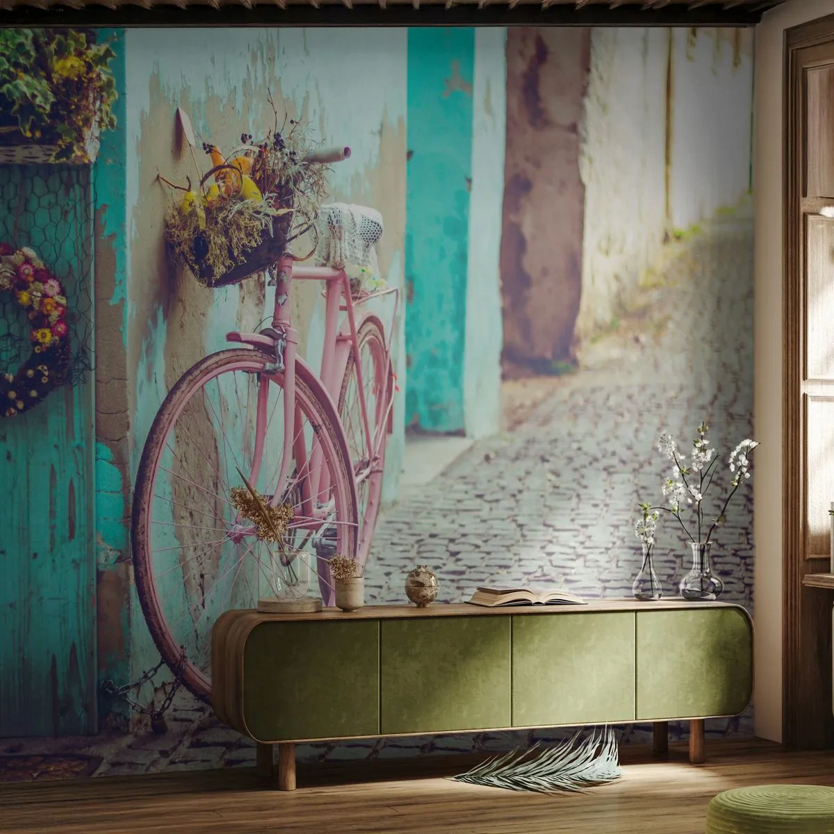 Samolepiaca Fototapeta Deluxe Sticker - Hneď sa vrátim - Bicykel, Architektúra, Kvety - 250x175 cm