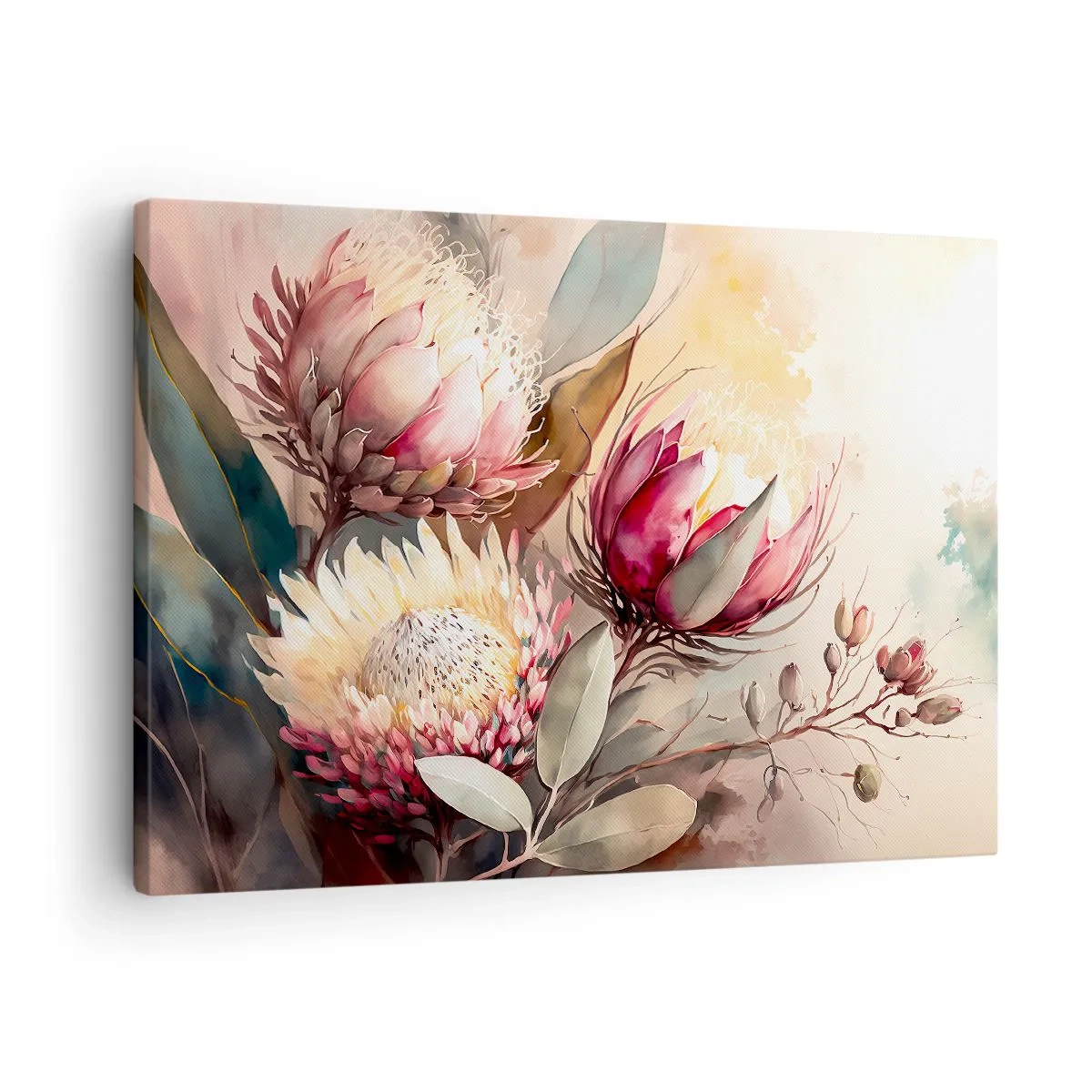 Obraz na plátne - Kvety protey v jemných pastelových odtieňoch - 70x50cm - Z profilu a en face - Moderná nástenná dekorácia do obývacej izby a spálne ARTTOR