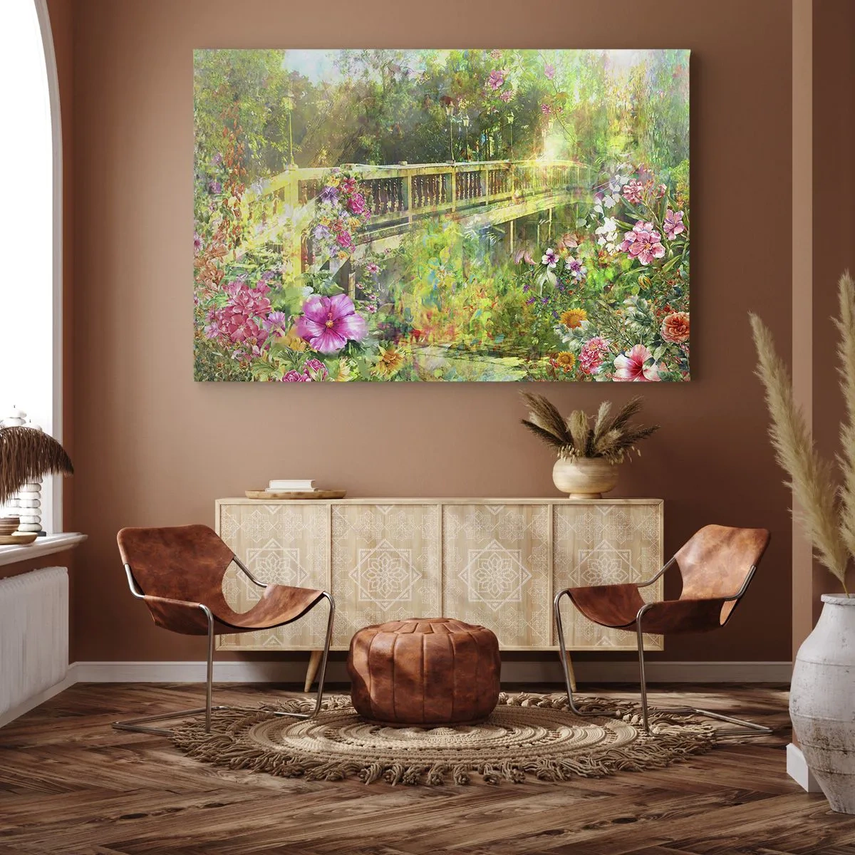 Obraz na plátne - Most obklopený bujnou vegetáciou a kvetmi - 70x50cm - Mostík jarného vzdychania - Moderná nástenná dekorácia do obývacej izby a spálne ARTTOR