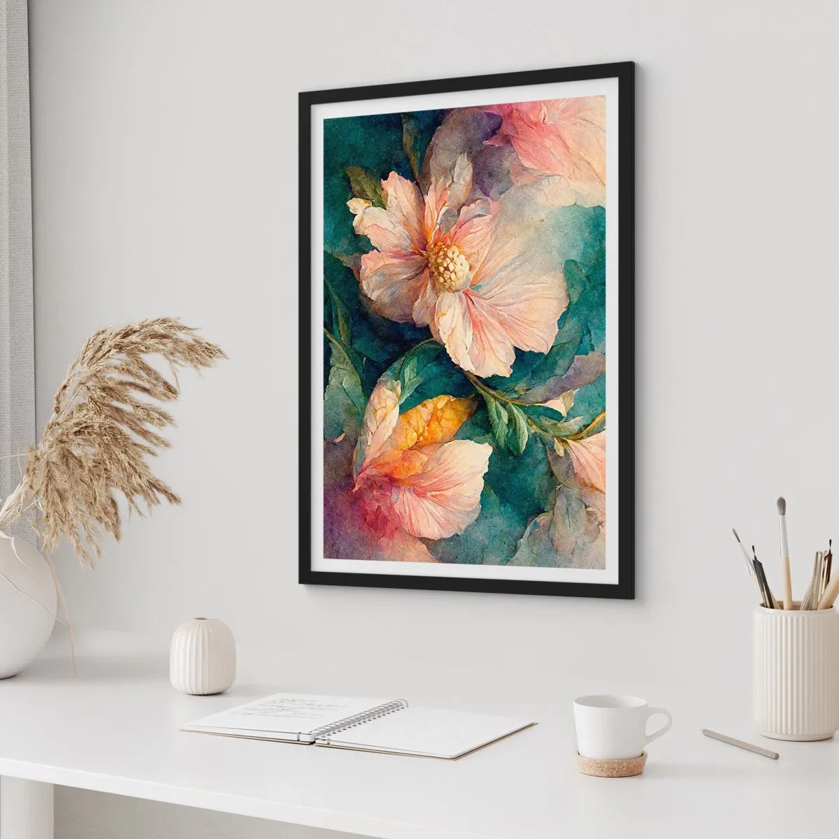 Plagát v čiernom ráme - Jemné kvety v akvarelovom štýle - 50x70cm - Číra subtílnosť - Moderná nástenná dekorácia do obývacej izby a spálne ARTTOR