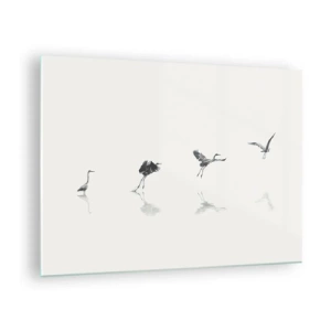 Obraz na skle - Siluety štyroch vtákov pohybujúcich sa nad vodou - 70x50cm - Štyri jednoduché kroky - Moderná nástenná dekorácia do obývacej izby a spálne ARTTOR