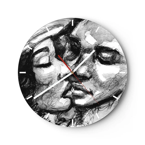 Nástenné hodiny - Čiernobiely náčrt bozkávajúceho sa páru - 30x30cm - Nežný okamih - Moderná nástenná dekorácia do obývacej izby, kuchyne a spálne ARTTOR