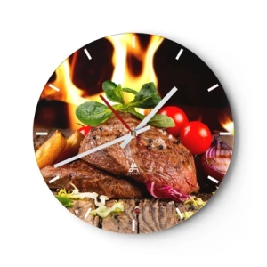 Nástenné hodiny - Steak so zeleninou na ohni - 30x30cm - Vykúzlené žiarou - Moderná nástenná dekorácia do obývacej izby, kuchyne a spálne ARTTOR