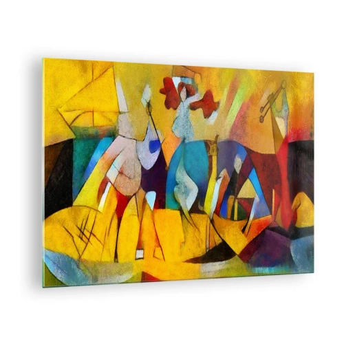 Obraz na skle - Farebná abstrakcia s figúrkami a geometrickými tvarmi - 70x50cm - Slnko - život - radosť - Moderná nástenná dekorácia do obývacej izby a spálne ARTTOR
