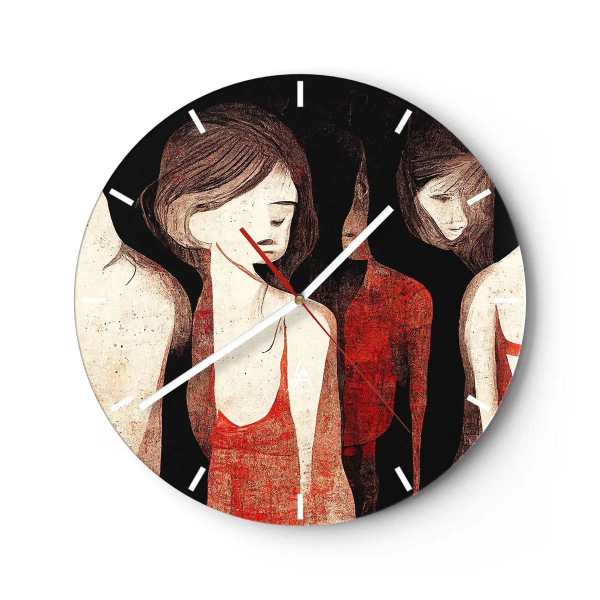 Nástenné hodiny - Postavy žien v červenom na tmavom pozadí - 30x30cm - Madony z temnoty - Moderná nástenná dekorácia do obývacej izby, kuchyne a spálne ARTTOR
