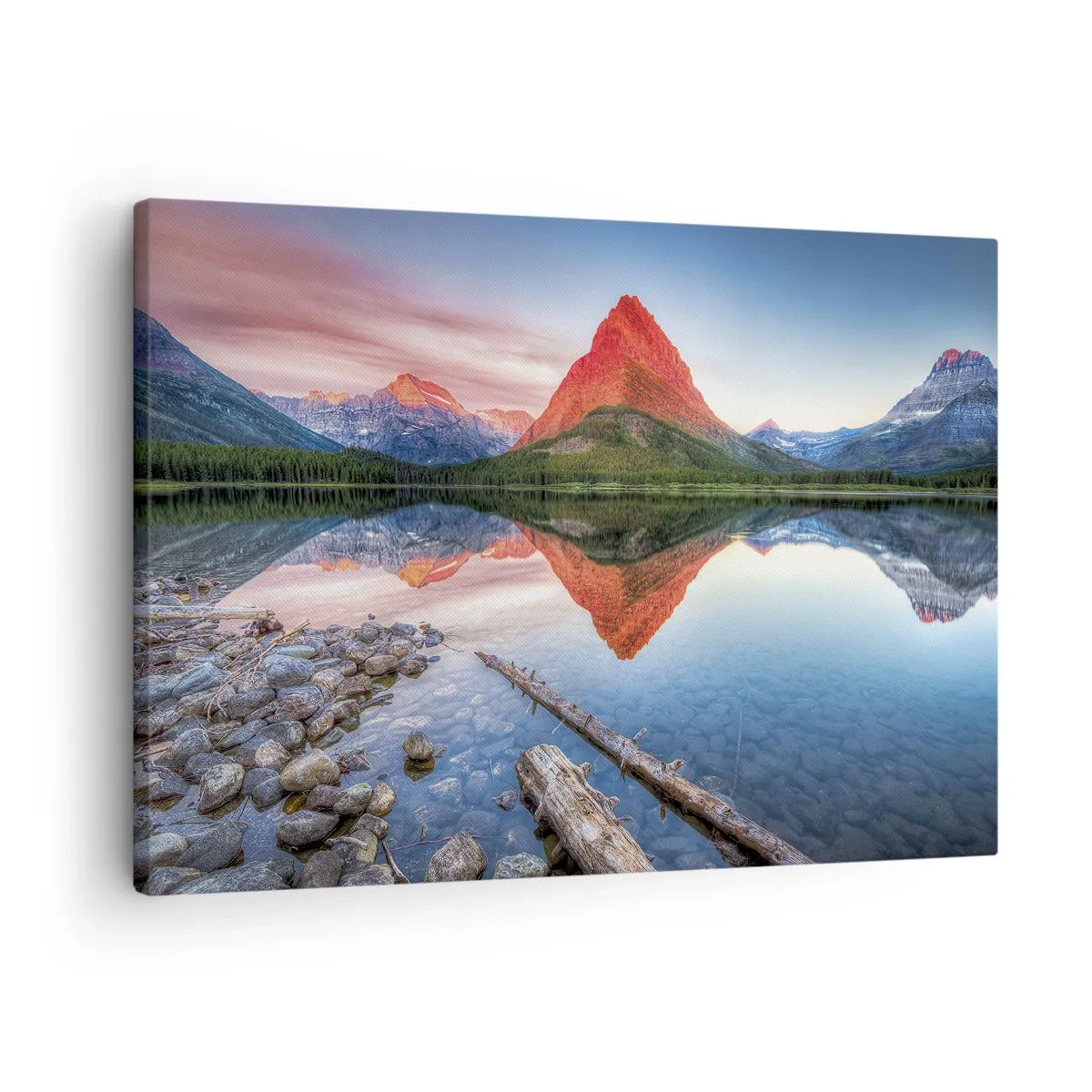 Obraz na plátne - Hora sa odráža v jazere pri západe slnka - 70x50cm - Teplo a chlad - Moderná nástenná dekorácia do obývacej izby a spálne ARTTOR
