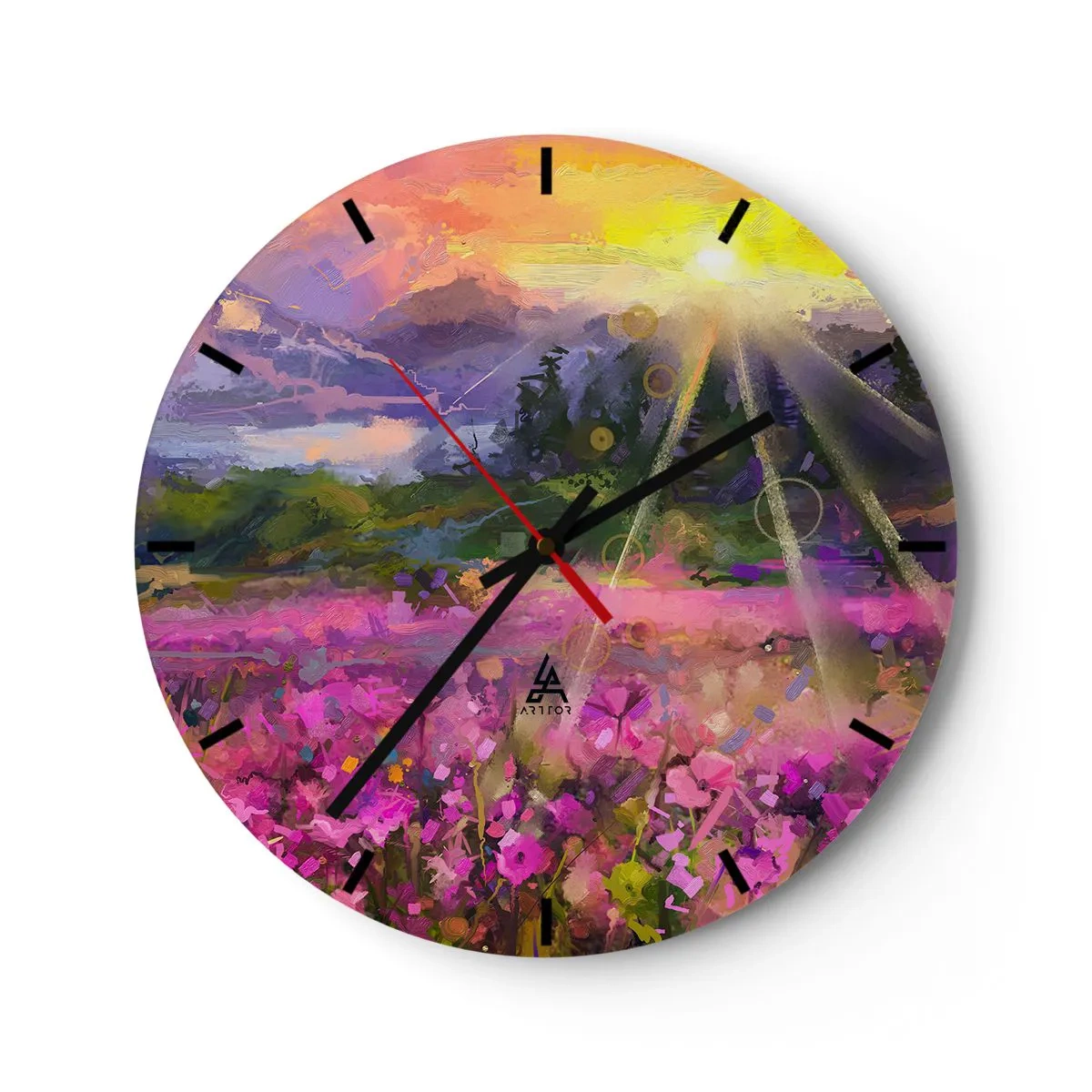 Nástenné hodiny - Farebná lúka na slnku s abstraktnou krajinou - 30x30cm - V údolí v starostlivosti slnka - Moderná nástenná dekorácia do obývacej izby, kuchyne a spálne ARTTOR