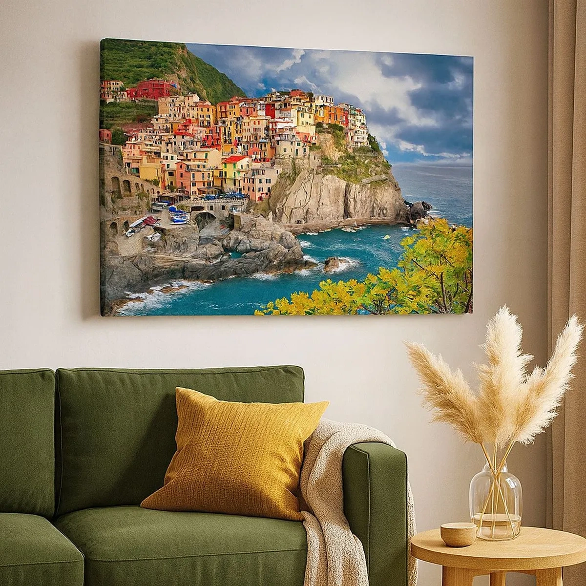 Obraz na plátne - Farebné domy na útese s výhľadom na more v Cinque Terre - 70x50cm - Hromádka pritúlená k skalám - Moderná nástenná dekorácia do obývacej izby a spálne ARTTOR