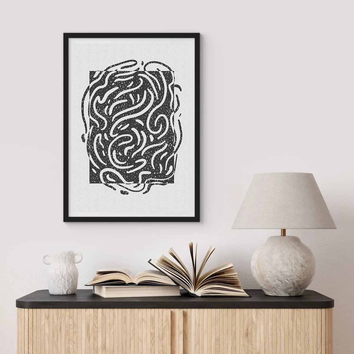 Plagát v čiernom ráme - Abstraktná kompozícia s dynamickými líniami a tvarmi v čiernej a bielej farbe. - 50x70cm - Abstrakcia: tanec radosti - Moderná nástenná dekorácia do obývacej izby a spálne ARTTOR
