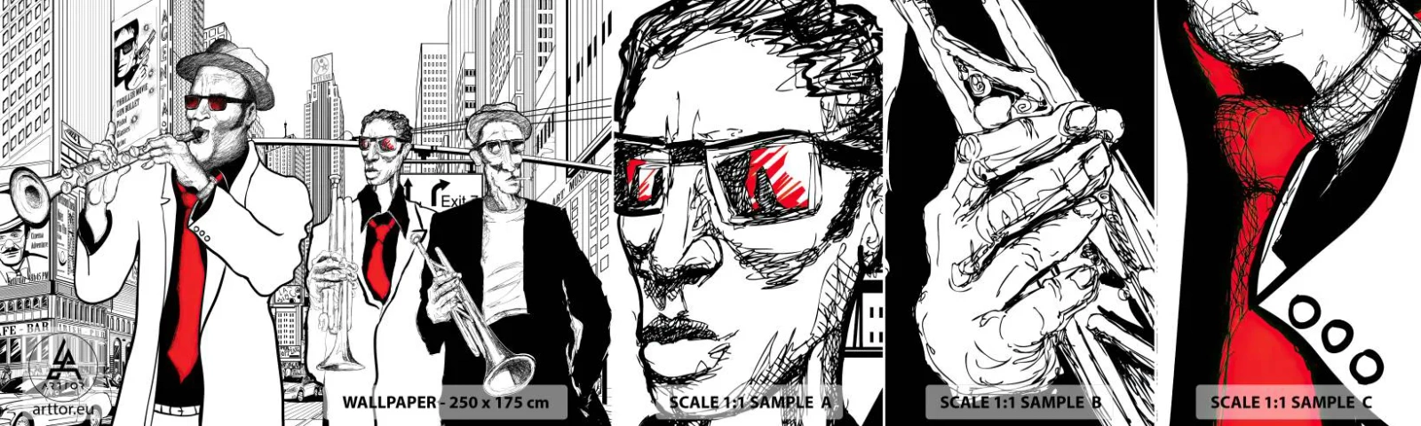 Vzorka samolepiacej fototapety Deluxe Sticker - Mestská rapsódia v čiernej a červenej - New York, Jazz, Hudba - 100x30 cm