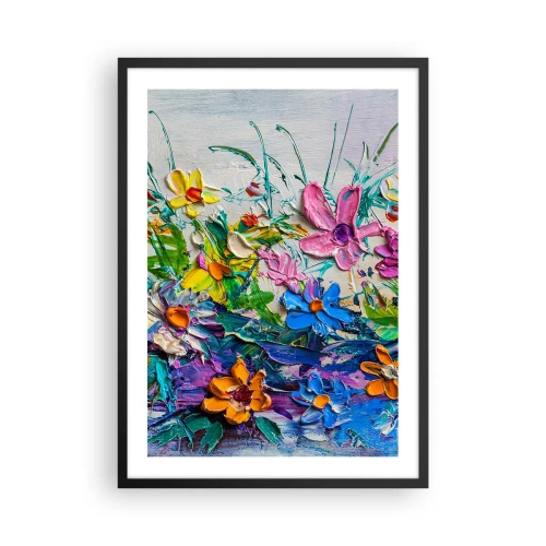 Plagát v čiernom ráme - Kvetinová kompozícia namaľovaná hustou textúrou a živými farbami - 50x70cm - Vôbec nie zátišie - Moderná nástenná dekorácia do obývacej izby a spálne ARTTOR