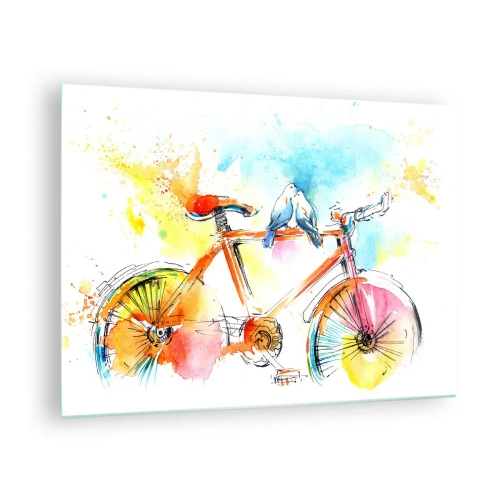Obraz na skle - Farebný bicykel s vtákmi sediacimi na riadidlách - 70x50cm - Spolu na bicykli - Moderná nástenná dekorácia do obývacej izby a spálne ARTTOR