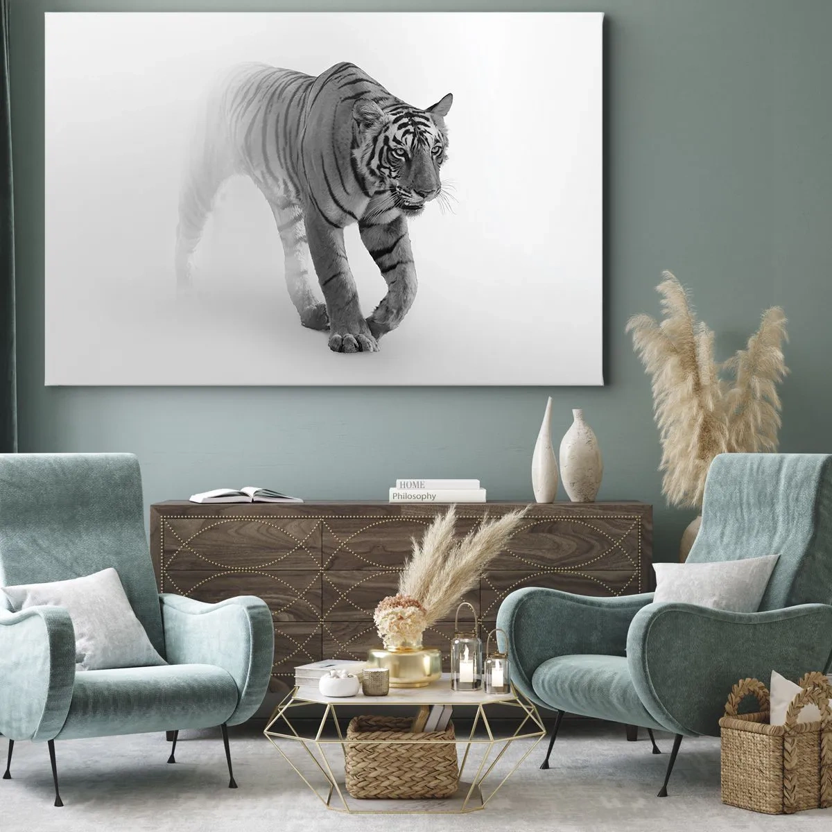 Obraz na plátne - Tiger vychádzajúci z hmly - 70x50cm - Prikrčený v hmle - Moderná nástenná dekorácia do obývacej izby a spálne ARTTOR