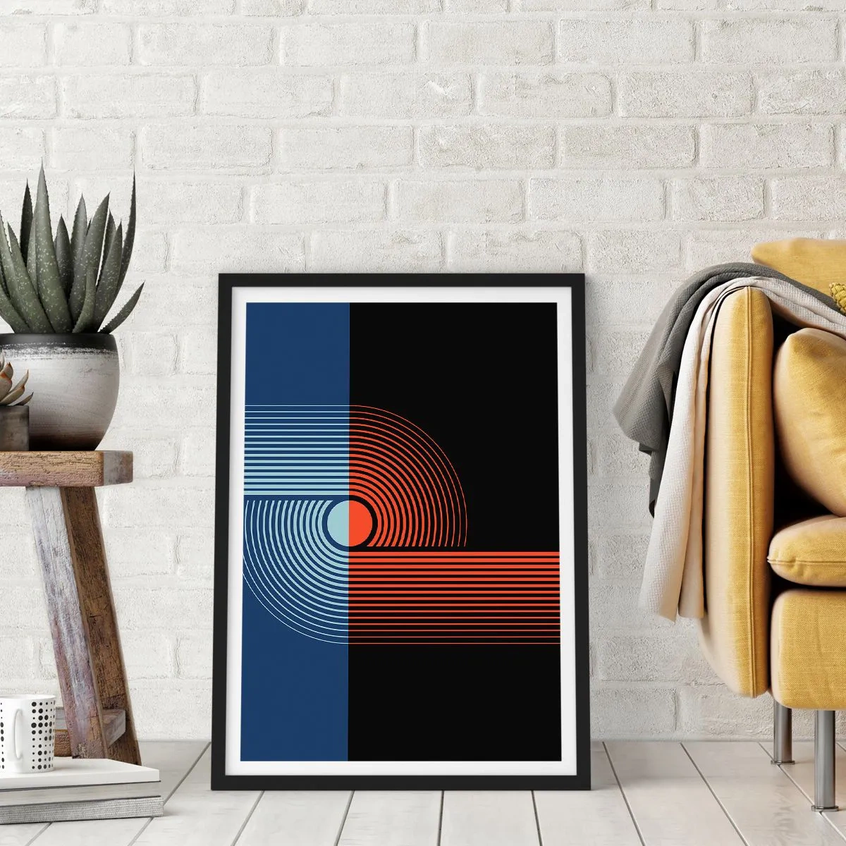 Plagát v čiernom ráme - Geometrická kompozícia s čiarami v tmavomodrej a oranžovej farbe. - 50x70cm - V geometrickom objatí - Moderná nástenná dekorácia do obývacej izby a spálne ARTTOR