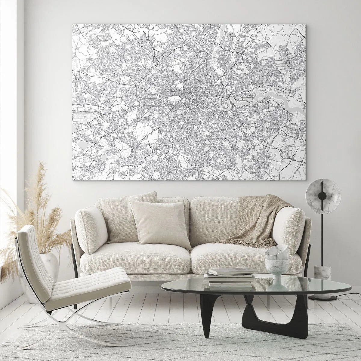 Obraz na skle - Čiernobiela mapa s hustou sieťou ulíc v minimalistickom štýle. - 70x50cm - Mapa londýnskeho labyrintu - Moderná nástenná dekorácia do obývacej izby a spálne ARTTOR