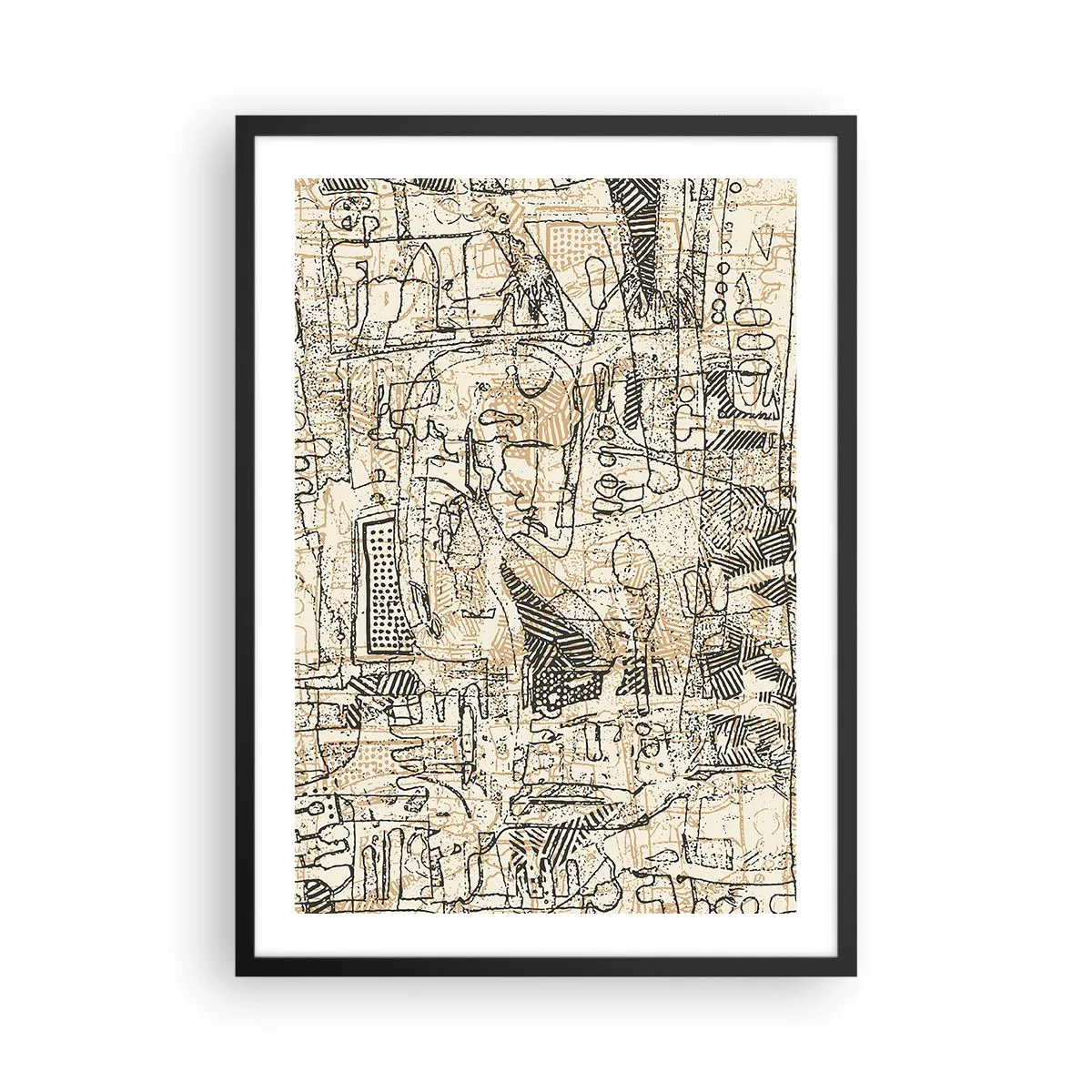 Plagát v čiernom ráme - Abstraktný geometrický vzor v odtieňoch béžovej a čiernej - 50x70cm - Čaká na rozlúštenie - Moderná nástenná dekorácia do obývacej izby a spálne ARTTOR