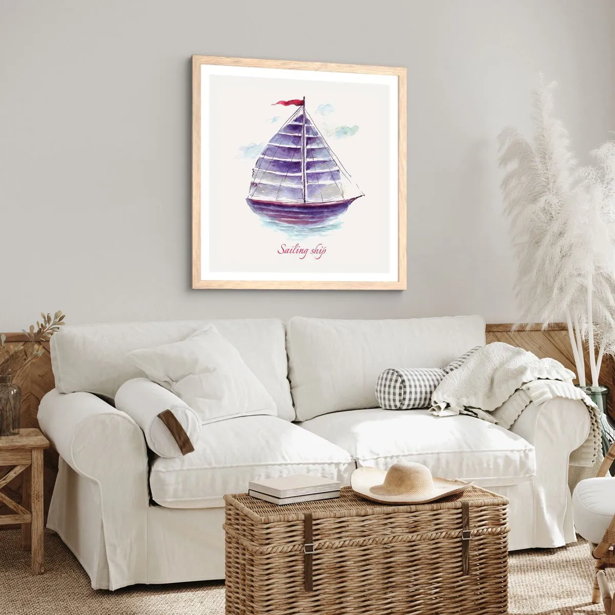 Plagát v ráme zo svetlého duba - Napnuté plachty a pokojná voda - 30x30 cm