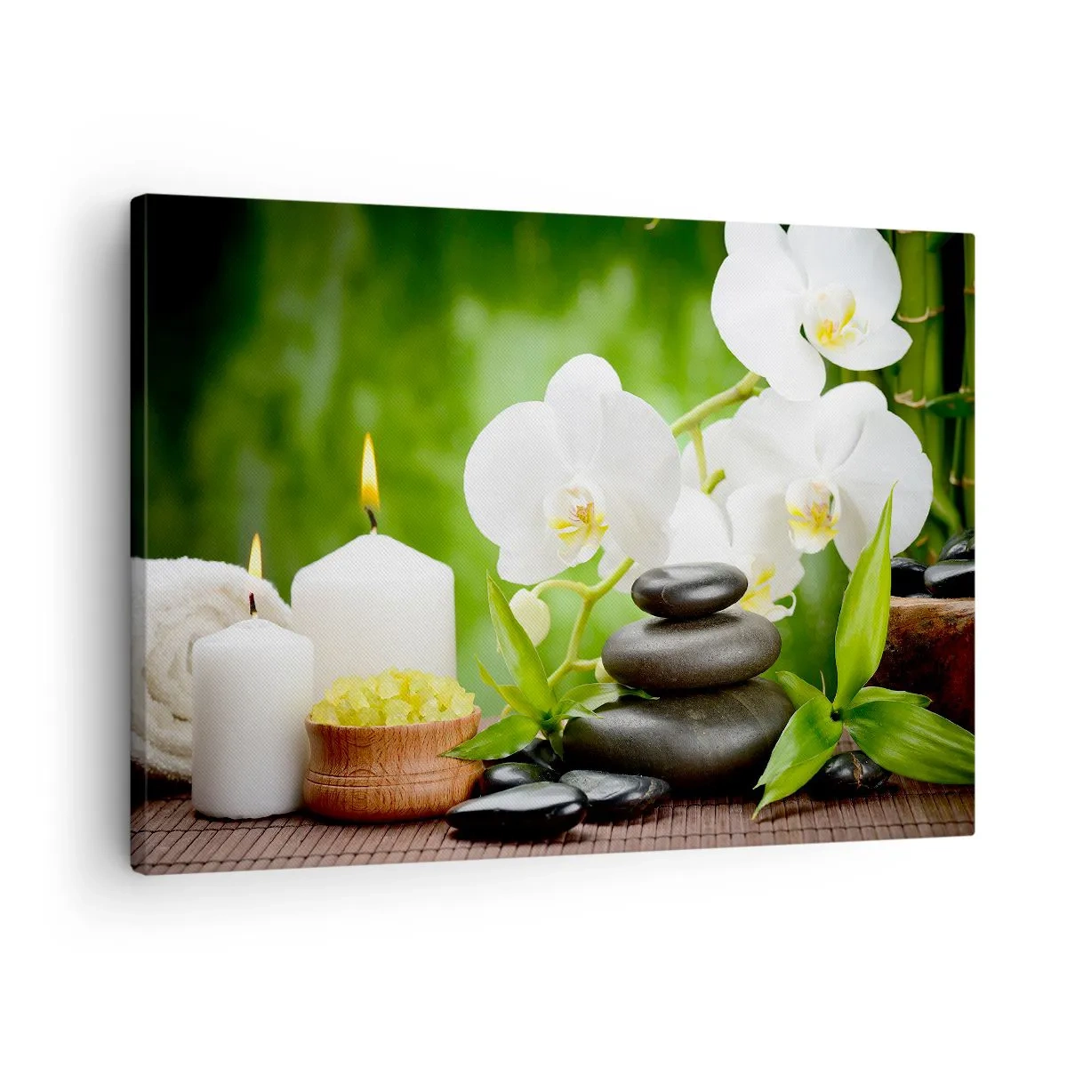 Obraz na plátne - Orchidey, sviečky a kamene obklopené prírodou - 70x50cm - Voňavý, kvetinový, jemný dotyk - Moderná nástenná dekorácia do obývacej izby a spálne ARTTOR