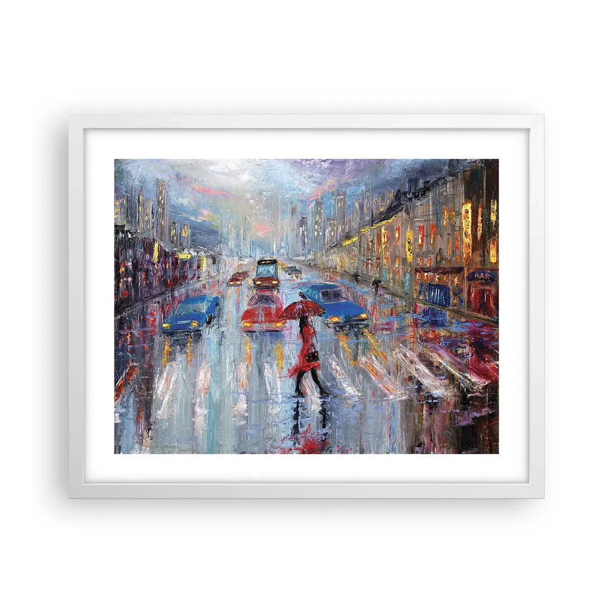 Plagát v bielom ráme - Daždivé popoludnie v meste - 50x40 cm