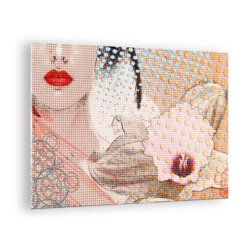 Obraz na skle - Ilustrácia portrétu ženy s kvetom v pozadí v štýle pop art - 70x50cm - Komiksový heroín - Moderná nástenná dekorácia do obývacej izby a spálne ARTTOR