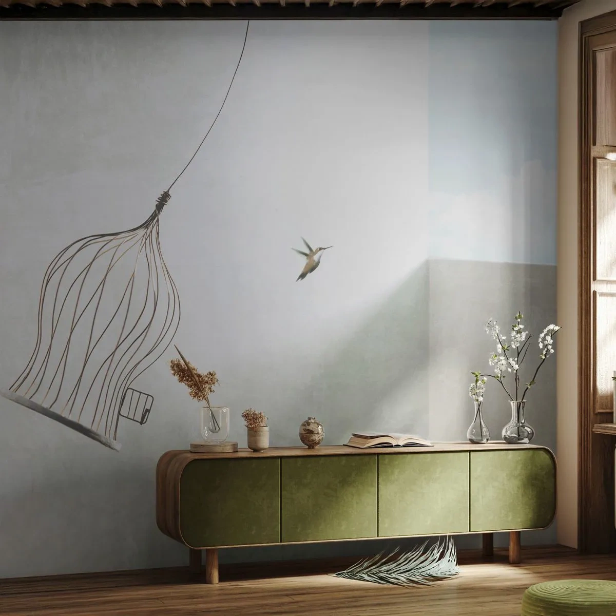 Fototapeta Standard Eco - Kolibrík za letu s otvorenou klietkou proti oblohe - 100x70cm - Vo svojom živle - Moderná nástenná dekorácia do obývacej izby a spálne ARTTOR