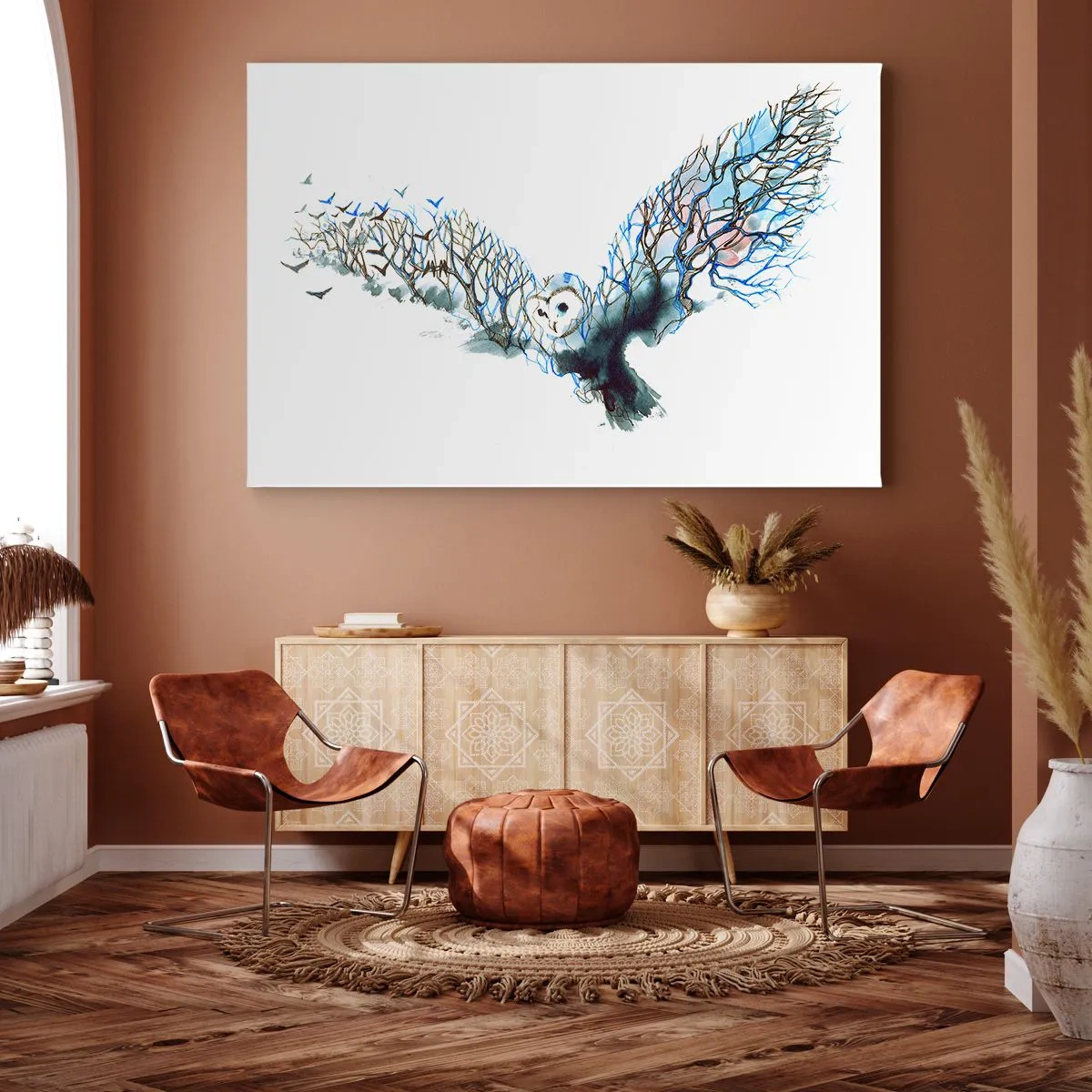Obraz na plátne - Umelecká grafika sovy s rozprestretými krídlami - 70x50cm - Na krídlach lesa - Moderná nástenná dekorácia do obývacej izby a spálne ARTTOR