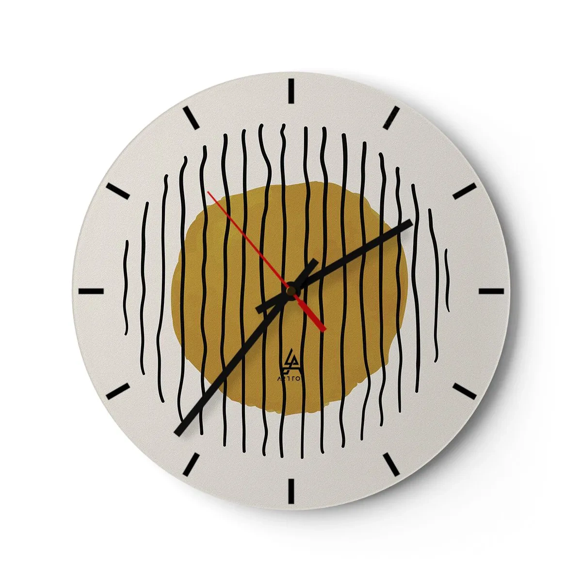 Nástenné hodiny - Žltooranžový kruh obklopený čiernymi vlnitými čiarami - 30x30cm - Abstrakcia kmitajúca žiarom - Moderná nástenná dekorácia do obývacej izby, kuchyne a spálne ARTTOR