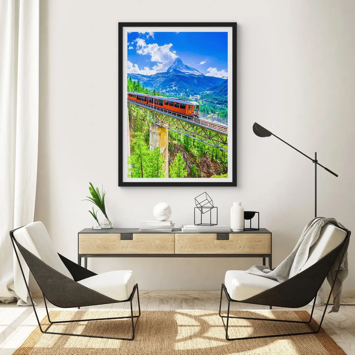 Plagát v čiernom ráme - Vlak na moste v Alpách s výhľadom na Matterhorn - 50x70cm - Alpská železnica - Moderná nástenná dekorácia do obývacej izby a spálne ARTTOR