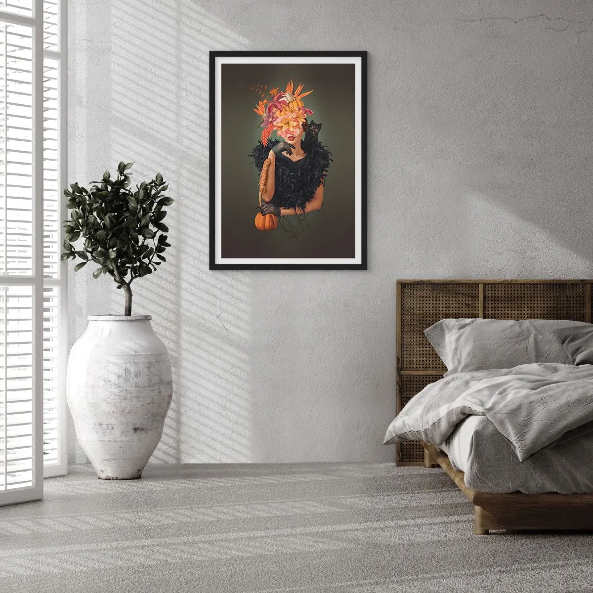 Plagát v čiernom ráme - Umelecký portrét ženy s kvetmi, tekvicou a čiernou mačkou. - 50x70cm - Kúzlo čarodejnice - Moderná nástenná dekorácia do obývacej izby a spálne ARTTOR