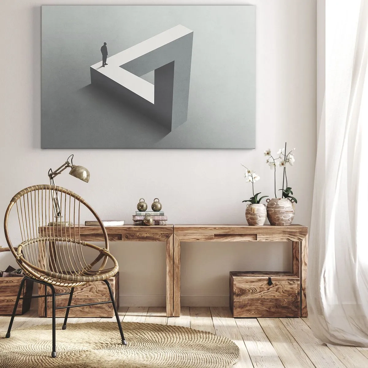 Obraz na plátne - Postava stojaca na Penroseovom trojuholníku v odtieňoch sivej. - 70x50cm - A predsa je to možné - Moderná nástenná dekorácia do obývacej izby a spálne ARTTOR