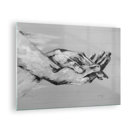 Obraz na skle - Čiernobiela maľba dvoch rúk, ktoré sa k sebe naťahujú - 70x50cm - Začiatok… - Moderná nástenná dekorácia do obývacej izby a spálne ARTTOR
